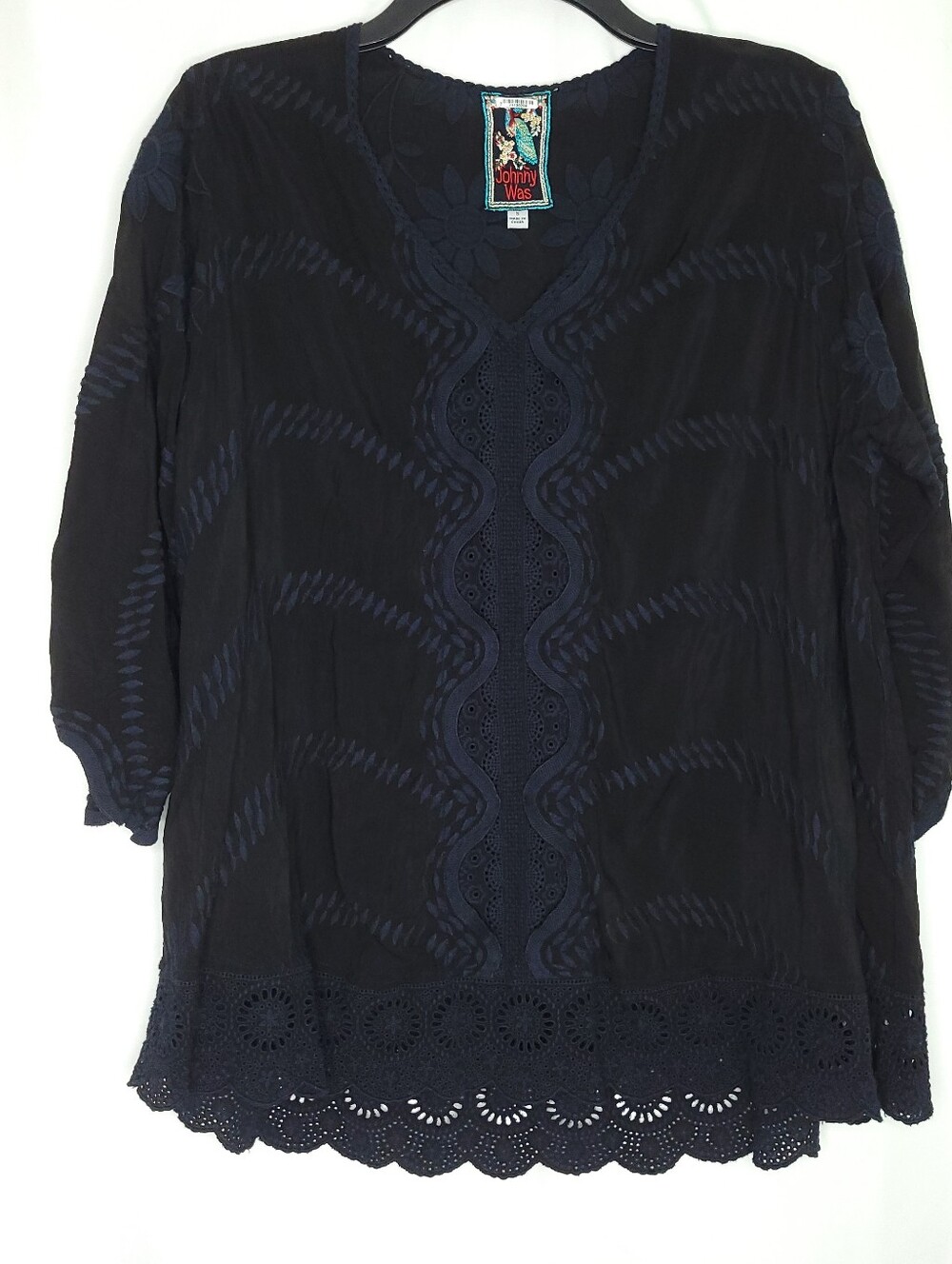 JOHNNY WAS Milani Floral Embroidered Black Tunic SMALL